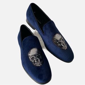 INC International Concepts Men’s Skull Loafers Blue Velvet Metallic Silver